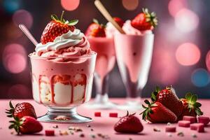 strawberry milkshake with whipped cream and strawberries. AI-Generated photo