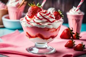 strawberry milkshake with whipped cream and strawberries. AI-Generated photo