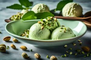 pistachio ice cream in a bowl with pistachios and mint leaves. AI-Generated photo