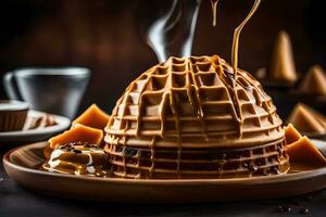 a waffle with caramel sauce being poured on top. AI-Generated photo