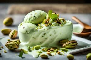 pistachio ice cream with pistachio nuts on a white plate. AI-Generated photo