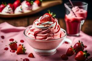 a bowl of strawberry ice cream with whipped cream. AI-Generated photo