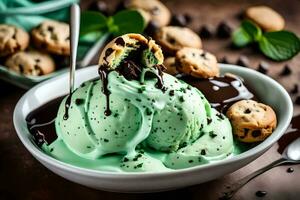 mint chocolate chip ice cream with cookies and mint chocolate chip cookies. AI-Generated photo