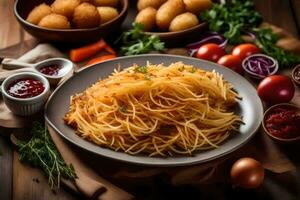 a plate of spaghetti with vegetables and other ingredients. AI-Generated photo