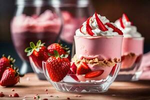 strawberry cheesecake dessert with whipped cream and strawberries. AI-Generated photo