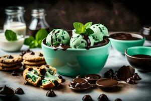 chocolate mint ice cream in a bowl with cookies and mint leaves. AI-Generated photo