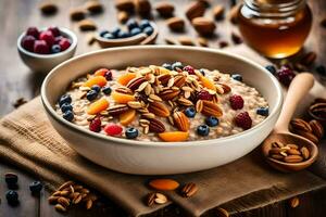 a bowl of oatmeal with nuts and berries. AI-Generated photo