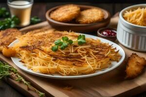 a plate of potato pancakes with parsley and a bowl of sauce. AI-Generated photo