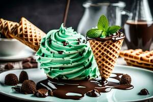 hielo crema con menta y chocolate gofre conos en un lámina. generado por ai foto