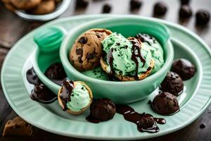 ice cream with cookies and mint. AI-Generated photo