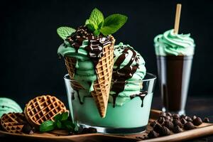 hielo crema con menta y chocolate papas fritas. generado por ai foto