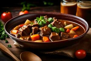 a bowl of beef stew with vegetables and potatoes. AI-Generated photo