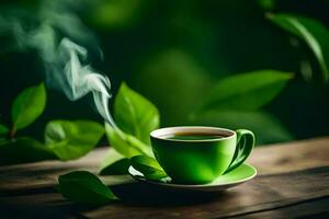 a cup of green tea on a wooden table with green leaves. AI-Generated photo