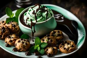 chocolate chip galletas y menta hielo crema en un lámina. generado por ai foto