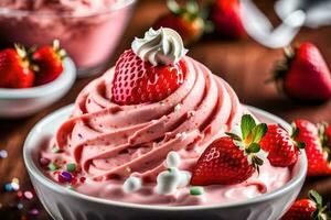 a bowl of strawberry ice cream with whipped cream. AI-Generated photo