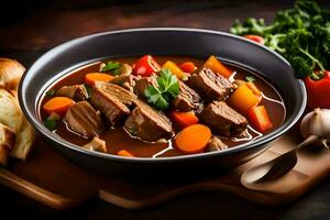 a bowl of beef stew with vegetables and bread. AI-Generated photo