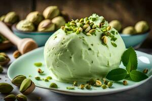 pistachio ice cream with pistachio nuts on a plate. AI-Generated photo