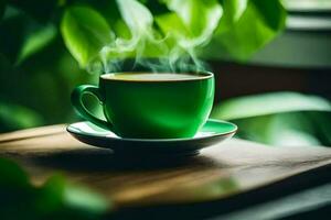 un taza de verde té es humeante en un de madera mesa. generado por ai foto