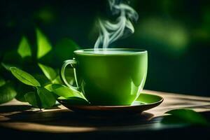 a cup of green tea with a leaf on the saucer. AI-Generated photo