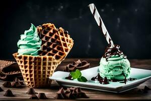 ice cream and chocolate waffle with mint. AI-Generated photo