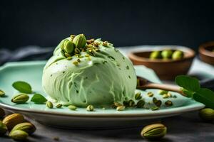 pistachio ice cream with pistachio nuts on a plate. AI-Generated photo