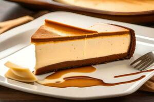 a slice of cheesecake on a white plate with caramel sauce. AI-Generated photo