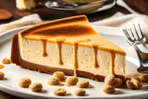 a slice of cheesecake with caramel sauce and peanuts. AI-Generated photo