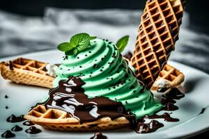 a waffle with chocolate and mint on top. AI-Generated photo