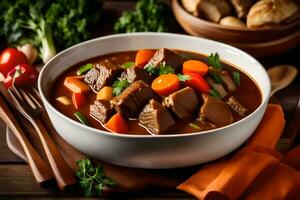 a bowl of beef stew with carrots and potatoes on a wooden table. AI-Generated photo