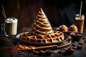 a waffle cone with coffee and chocolate. AI-Generated photo