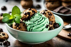 chocolate chip galletas y hielo crema en un bol. generado por ai foto