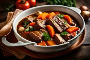 a bowl of beef stew with carrots and potatoes. AI-Generated photo