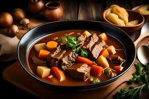 a bowl of beef stew with potatoes and carrots. AI-Generated photo