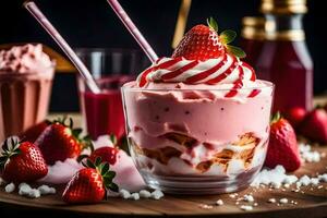 a dessert with strawberries and whipped cream. AI-Generated photo