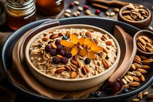 oatmeal with nuts and dried fruits in a bowl. AI-Generated photo