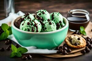 chocolate menta hielo crema en un cuenco con galletas y menta hojas. generado por ai foto