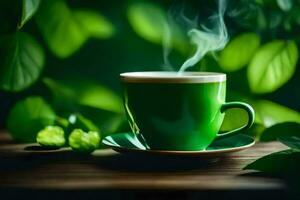 un taza de verde té en un de madera mesa. generado por ai foto