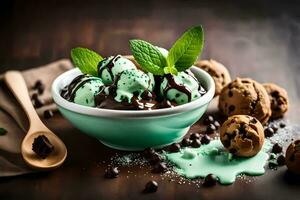 chocolate menta hielo crema en un cuenco con galletas y menta hojas. generado por ai foto