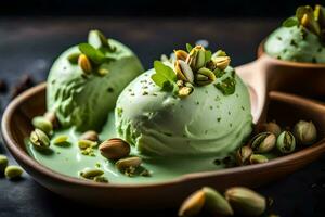 pistachio ice cream with pistachios and nuts. AI-Generated photo