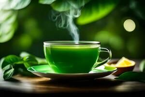 a cup of green tea with a slice of lemon. AI-Generated photo