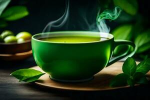 a cup of green tea with leaves on a wooden table. AI-Generated photo