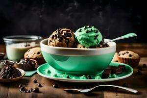 chocolate chip ice cream in a bowl with chocolate chips and mint leaves. AI-Generated photo