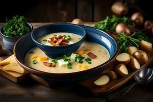 a bowl of soup with potatoes and cheese. AI-Generated photo