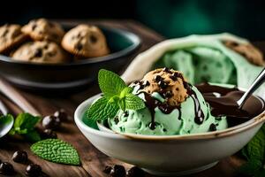 chocolate chip cookie ice cream with mint leaves and cookies. AI-Generated photo