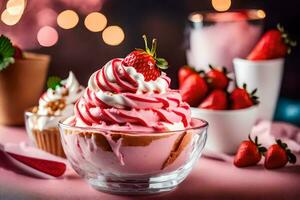 un postre con fresas y azotado crema. generado por ai foto