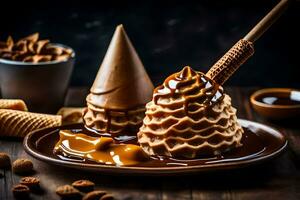 a waffle cone with caramel and ice cream. AI-Generated photo