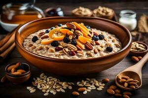 oatmeal with nuts and dried fruits in a bowl. AI-Generated photo