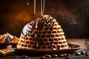 the waffle is being drizzled with chocolate. AI-Generated photo