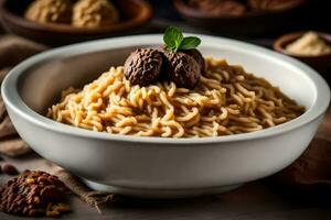 a bowl of noodles with nuts and spices. AI-Generated photo