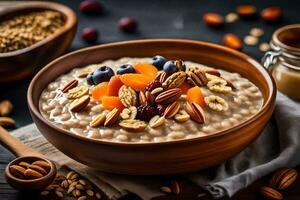 a bowl of oatmeal with nuts and dried fruit. AI-Generated photo